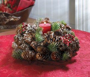 FROSTED PINE CONE WREATH CANDLEHOLDER